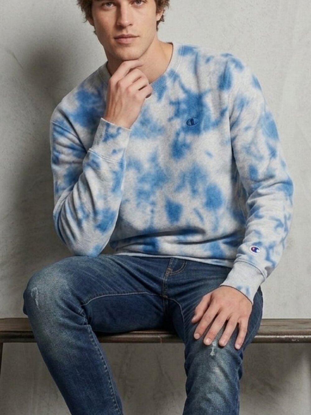 Champion Cloud Tie Dye Crewneck Sweatshirt Gray & Blue Graphic Fleece Unisex XL